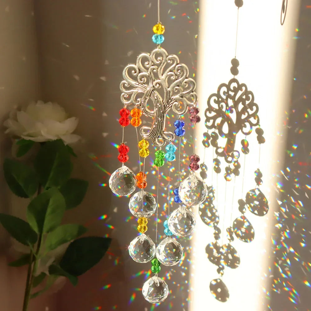 Crystal Wind Chime Star Moon Sun Catchers Windchimes Plated Colorful Beads Hanging Drop.
