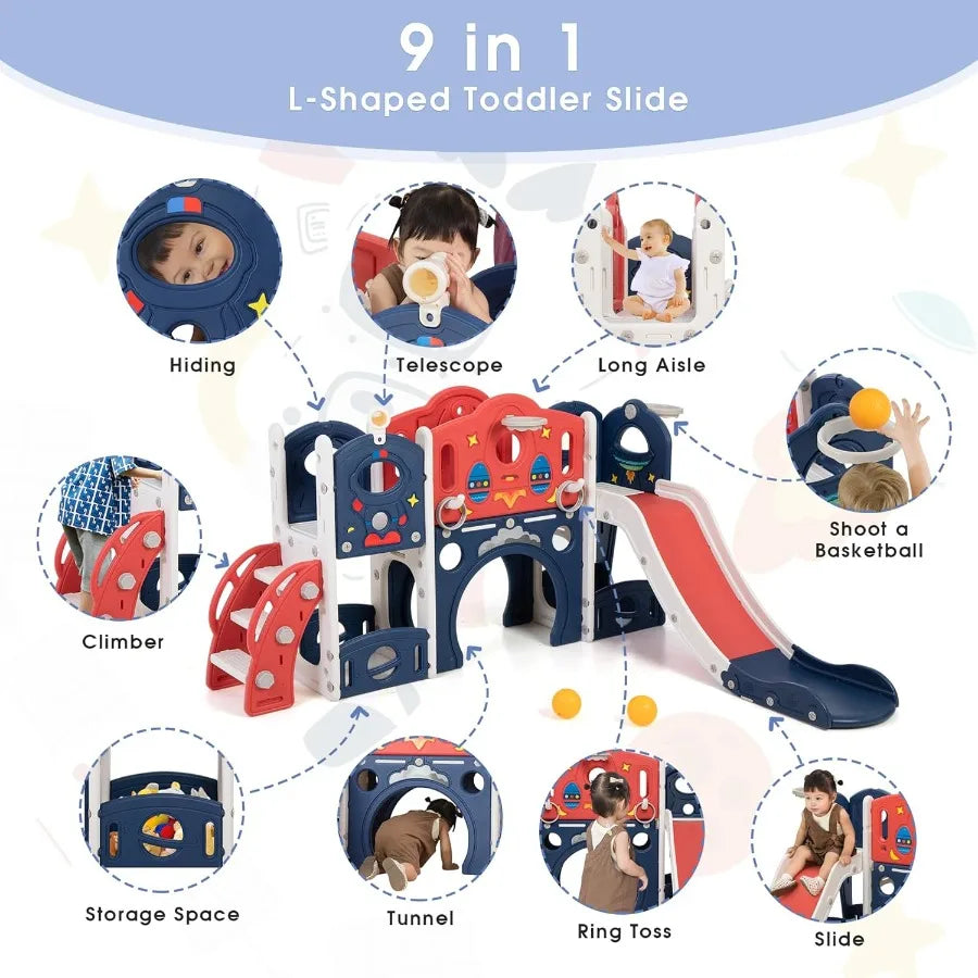 9-in-1 Castle Amusement Playground Playhouse Indoor Outdoor Playset for Toddlers Age 1-3 Backyard Climber Play Set Slide for Ba