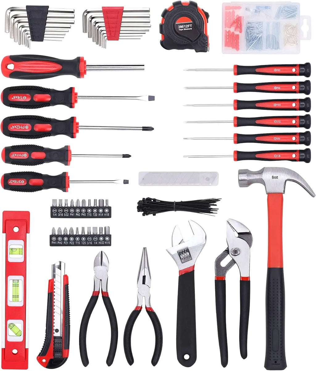 215-Piece Home Repair Tool Set with 12-Inch Storage Bag, Household Hand Kit in Red