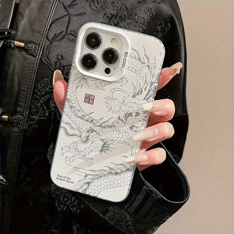 high-end black and white dragon pattern print phone case.