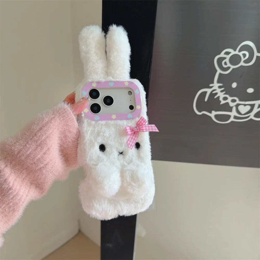 Warm fluffy furry bow 3D rabbit phone case.