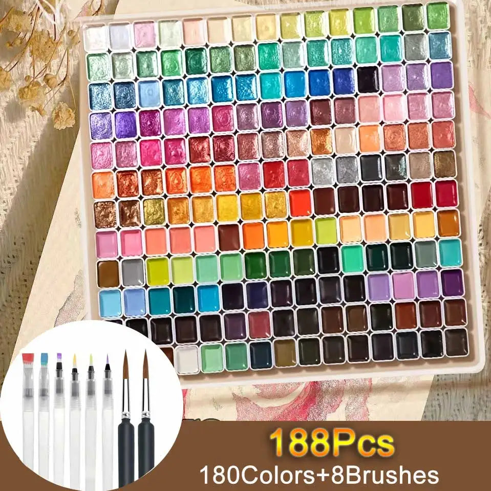 180Pcs Watercolor Paint Set with 8Pcs Brush Professional, Watercolor Brush Solid Pigment Portable Kit Starry Colors for Painting