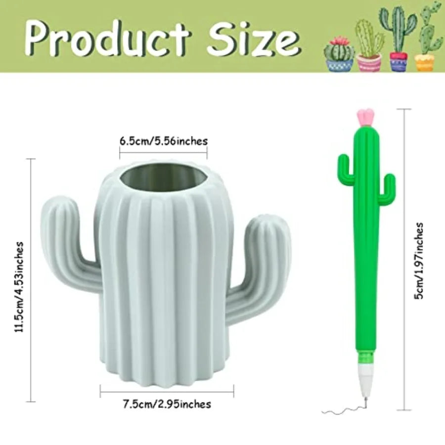 2 PCS Cactus Pen Holder with 4 PCS Cactus Gel Pen Set - Multifunctional Cosmetic and Stationery Storage Organizer for Desk Make
