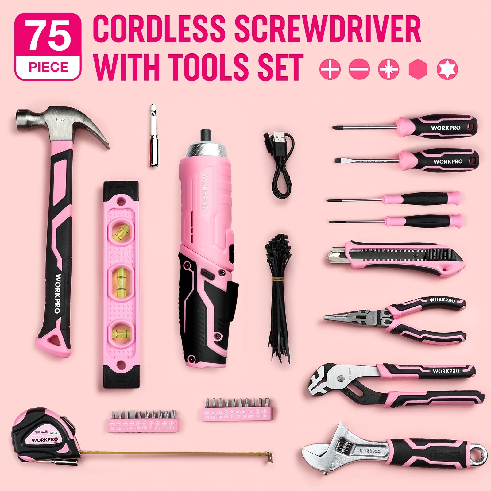 WORKPRO 74pcs Pink Tools Set.