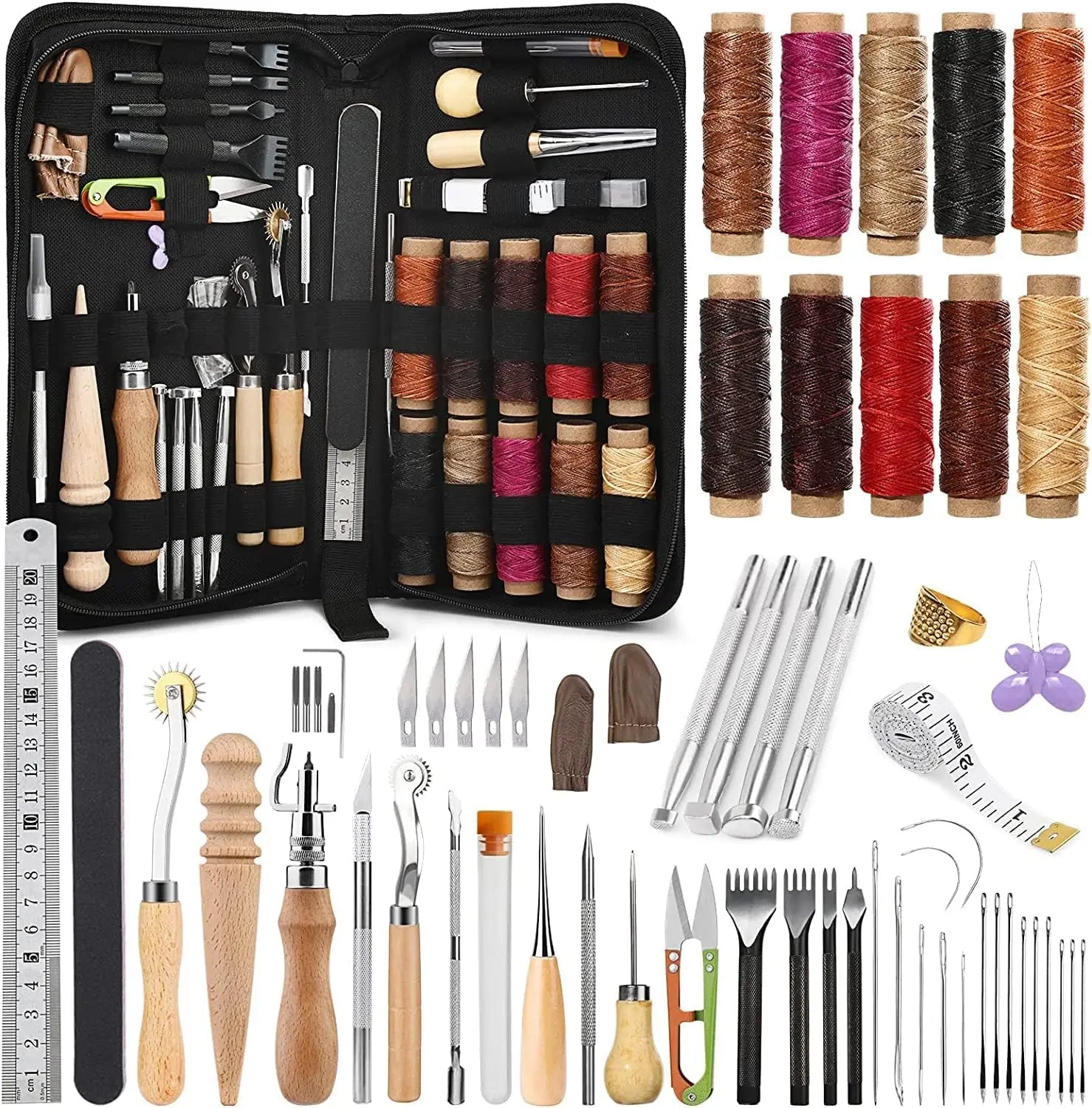 60-Piece Leather Craft Kit with Storage Bag, Includes Sewing Tools, Stamping & Punching Tools for DIY Projects