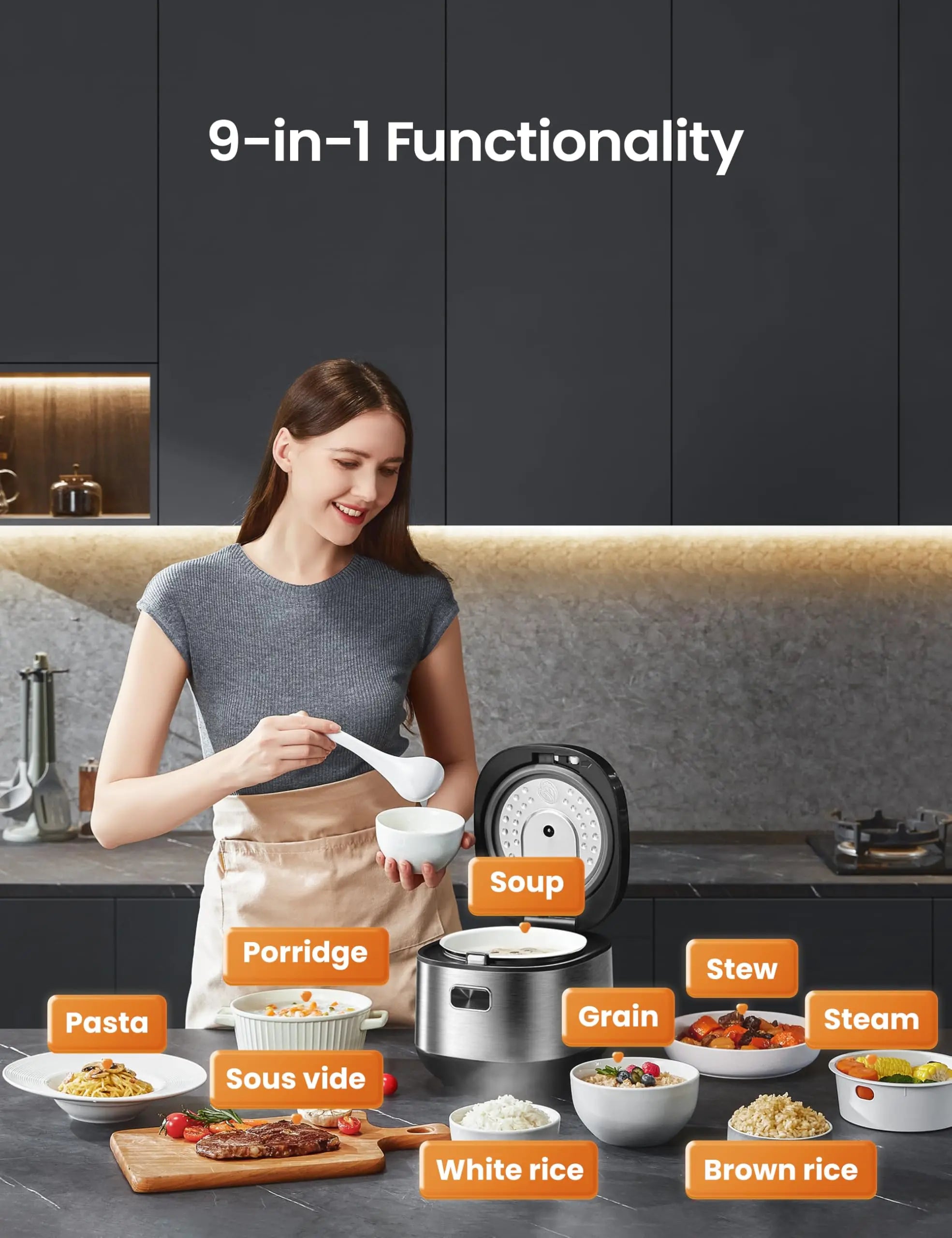 3. 9-in-1 Compact Rice Cooker with Fuzzy Logic - 8 Cup Fast Cooker for Rice, Grains & Steam, Ideal for Dorms