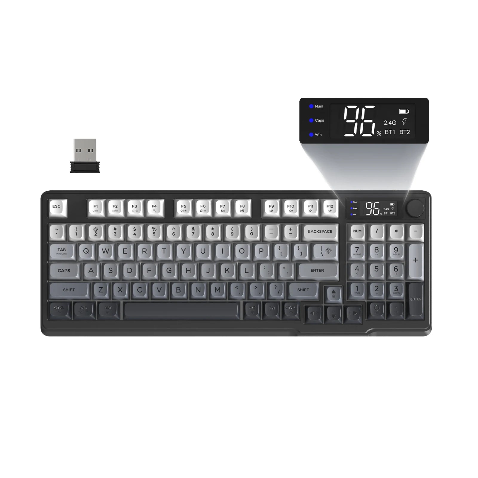 Wireless Gaming Keyboard with Display Screen & Knob, Bluetooth/2.4GHz Quiet Membrane Keyboard, 3000mAh Rechargeable