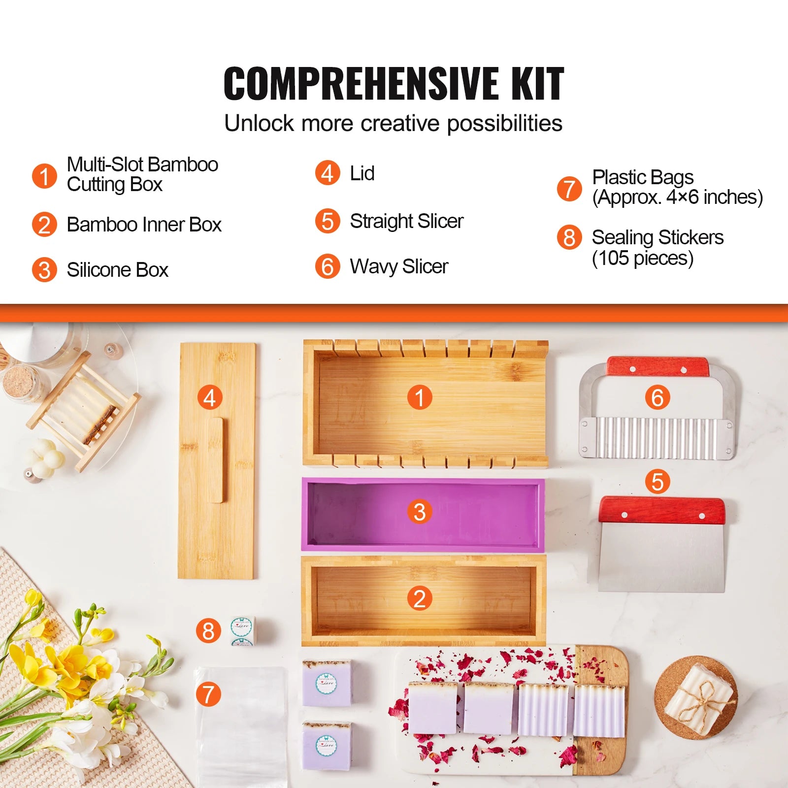 Soap Making Kit Bamboo Cutting Box and Inner Box with Silicone Mold Stainless Steel Straight Cutter and Wavy Cutter
