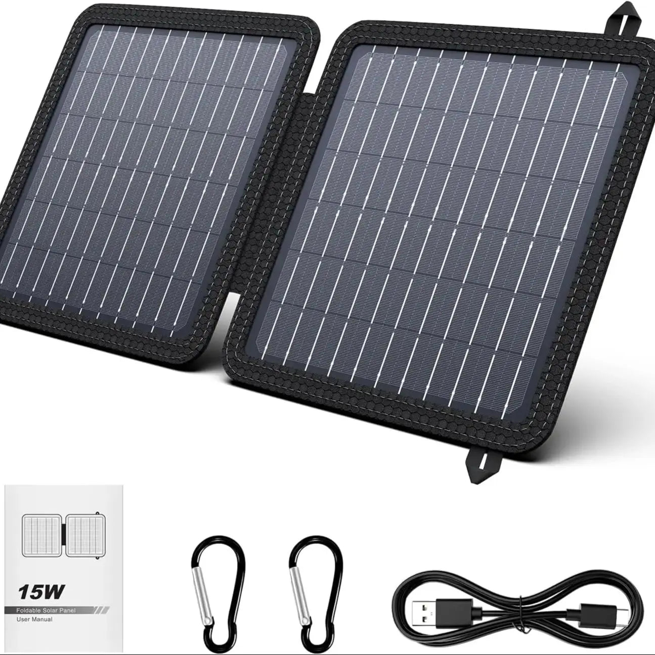 15W Portable Solar Panel Battery Charger with 5V 3A USB-A USB-C Output.