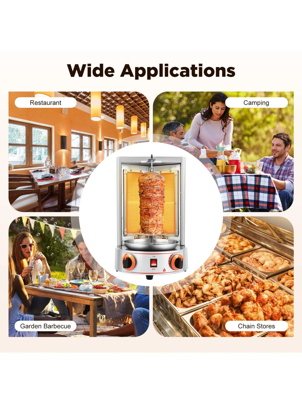 Electric Vertical Broiler 360° rotating Shawarma Gas Rotisserie Gyro Grill Machine with 2 Burner for Commercial Home Kitchen
