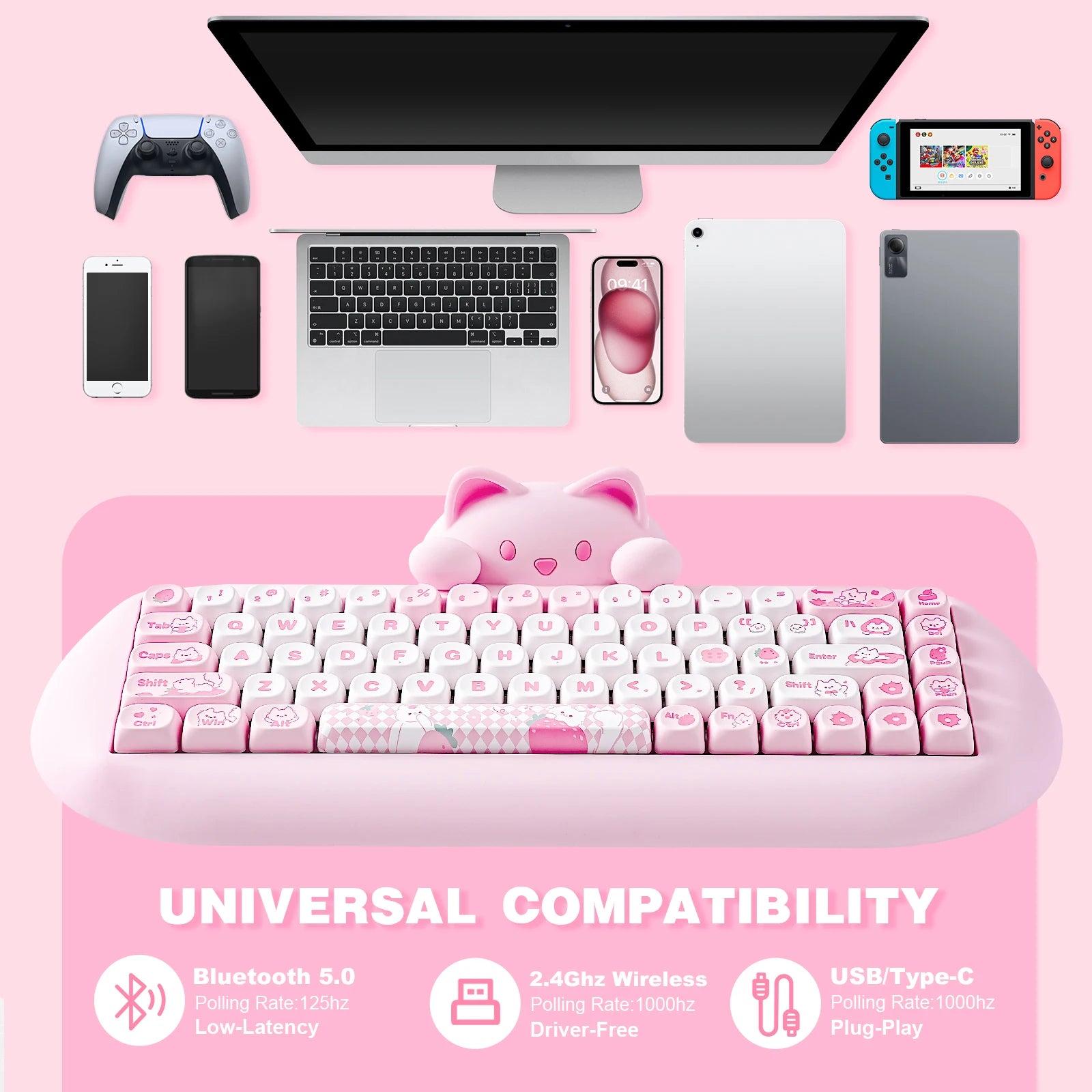 C68 Wireless Gaming Keyboard, Hi-Fi Cute Cat Custom RGB Mechanical Keyboard, Silicone 65% Hot Swap Ergonomic Kitty Keeb