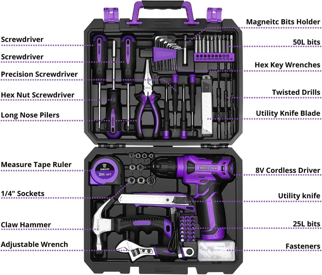 Drill Set Tool Set with 8V Red Cordless Drill, Home Tool Kit with Drill, Hand Tool Kits for Women 126 Piece