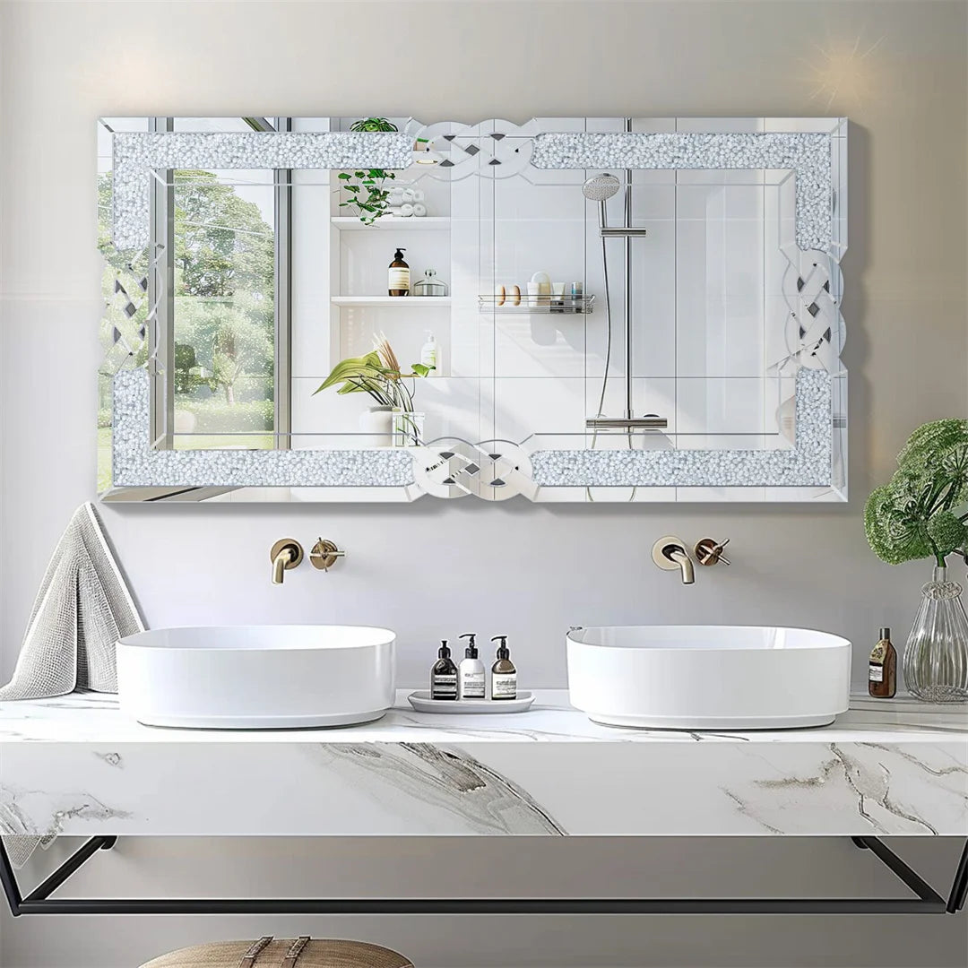 Large Crush Diamond Full Body Wall Mirror Artistic Silver Bathroom Vanity Mirror