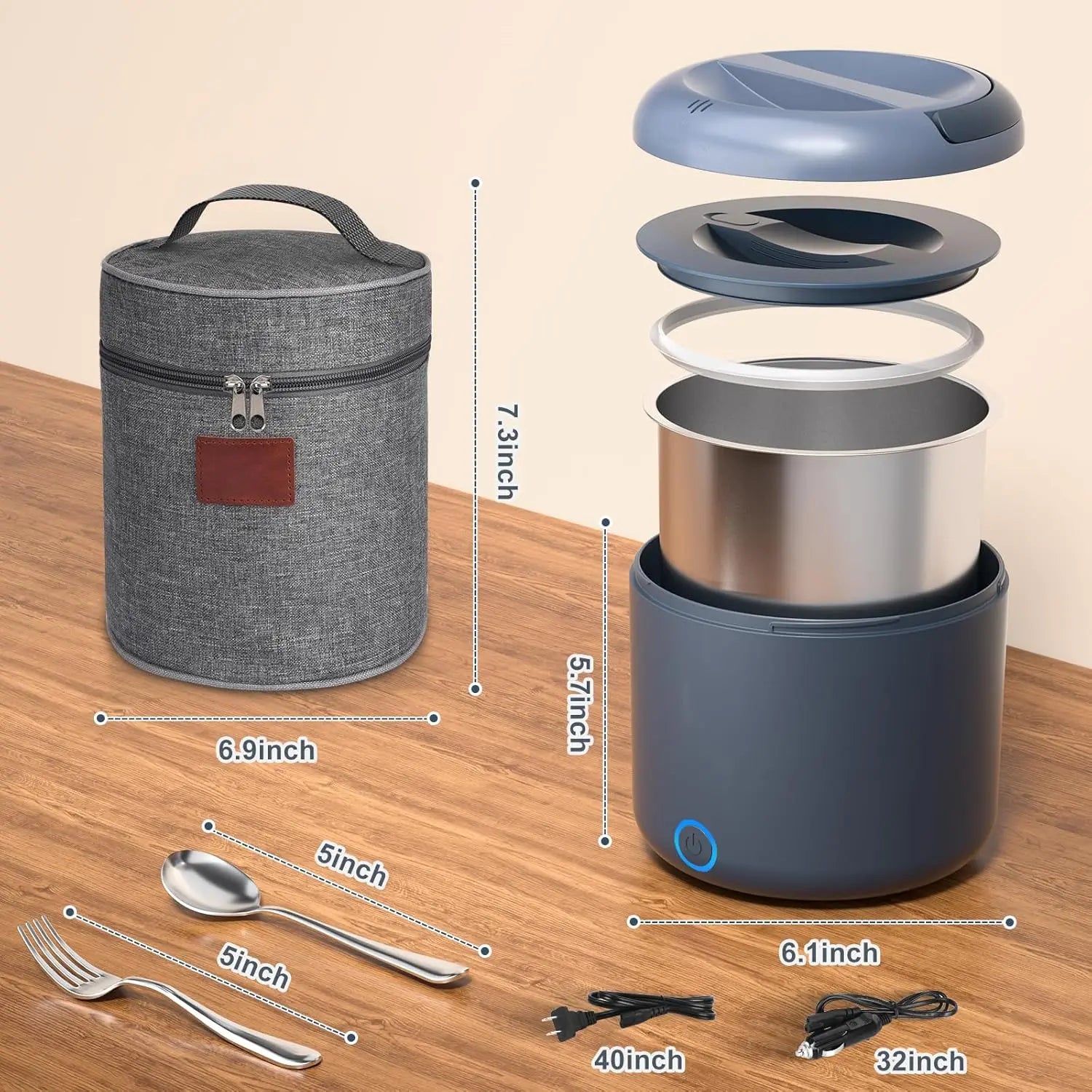 Electric Portable Heated Lunch Box, Stainless Steel Container.