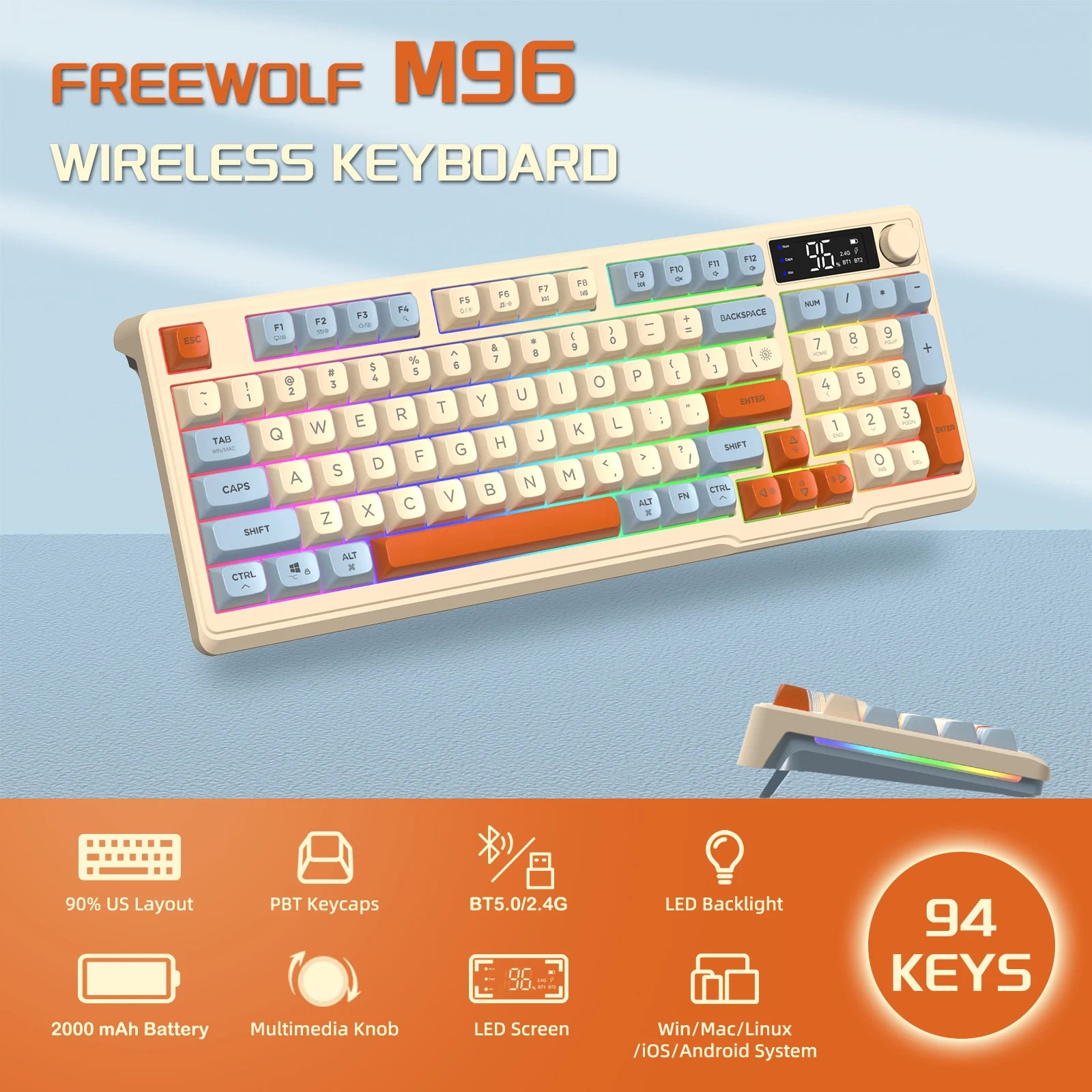 Wireless Gaming Keyboard with Display Screen & Knob, Bluetooth/2.4GHz Quiet Membrane Keyboard, 3000mAh Rechargeable