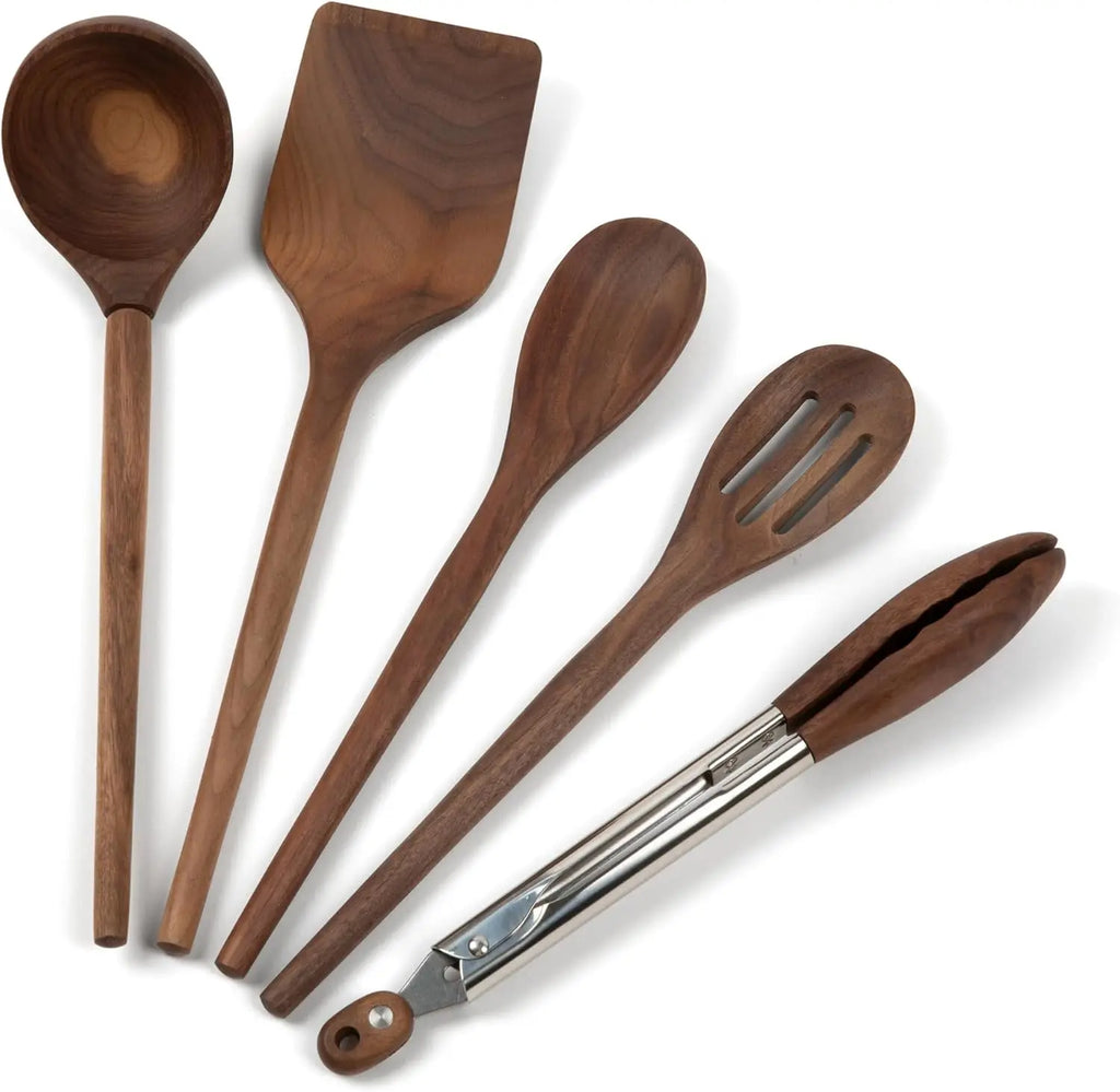 5-Piece Walnut Wooden Kitchen Utensil Set - Turner, Tongs, Slotted Spoon, Ladle & Spoon - Safe for Nonstick Cookware