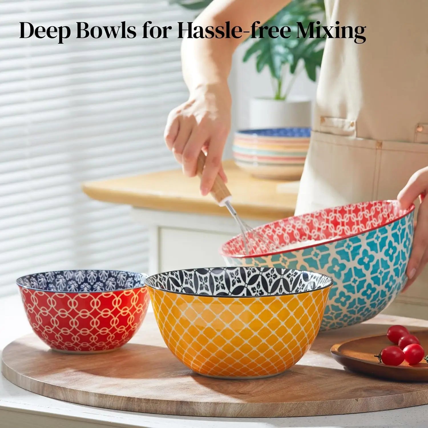 Colorful Ceramic Mixing Bowls Set of 3, Microwave & Dishwasher Safe for Cooking Baking Serving