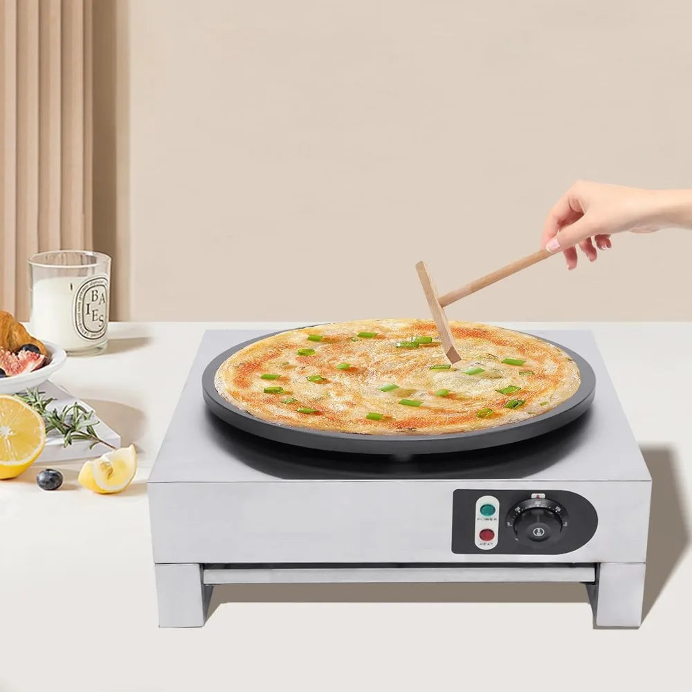 Crepe Maker Electric Circular Cereals Pancake Stove Commercial Non-Stick Flat Plate Crepe Machine with Rolling Flat Tool AndPlug