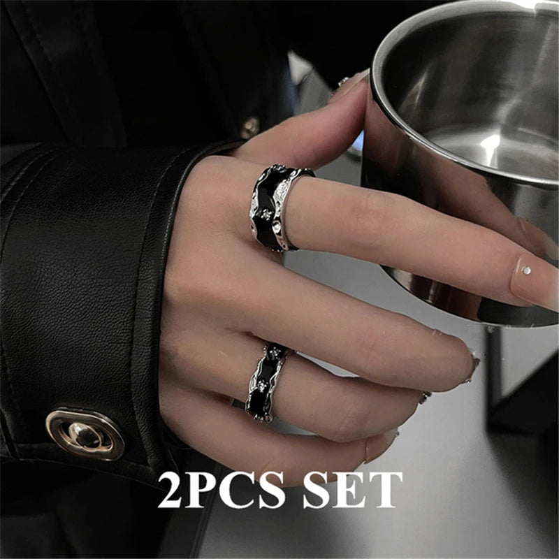 Punk Harajuku Goth Thorns Black Silver Color Irregular Heart Cross Open Ring.