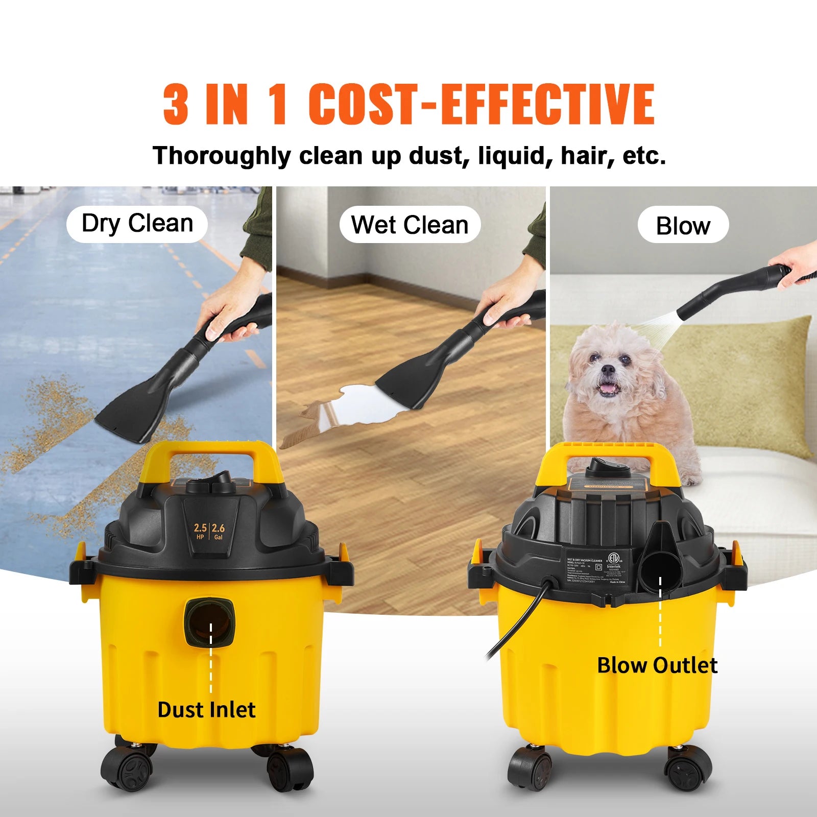 Wet Dry Vac 2.6 Gallon 2.5 Peak HP 3 in 1 Portable Shop Vacuum with Blowing Function  Attachment Storage for Floor