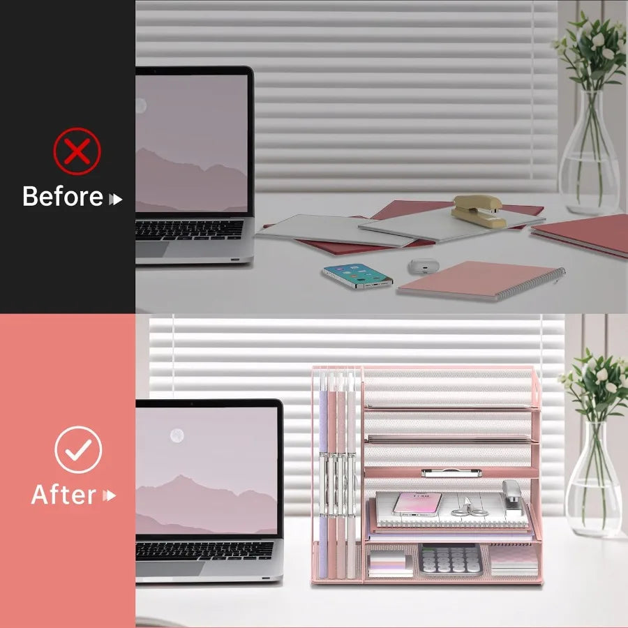 Pink 5-Tier Mesh Paper Letter Tray with Magazine Holder and Desktop Organizer for Office Supplies Storage Ideal Desk Accessory