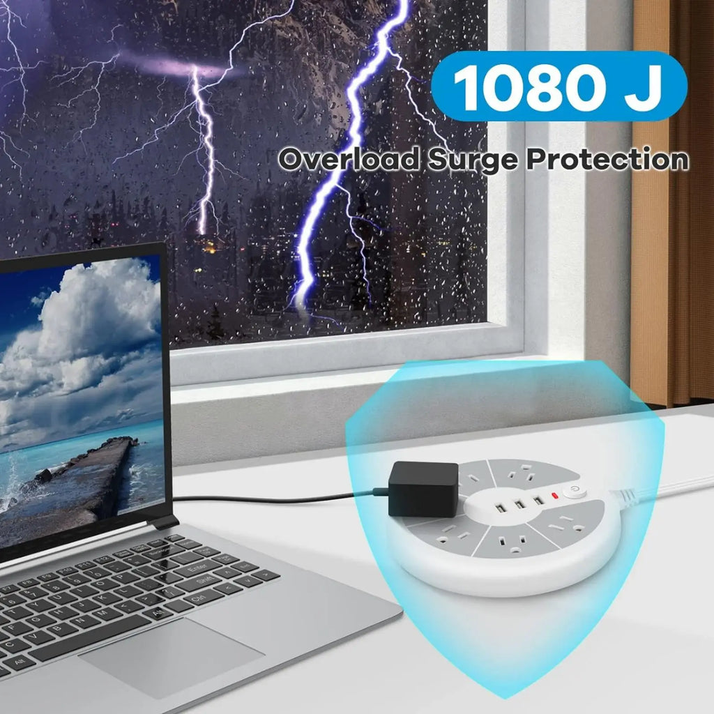 American Standard Disc Power Strip with 3 USB Sockets for Office, School, Family and Other Scenes