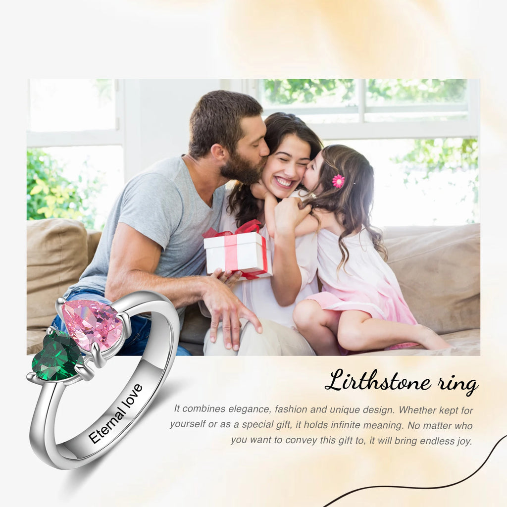 Ring with Heart Birthstone Personalized Inlaid Engraved.