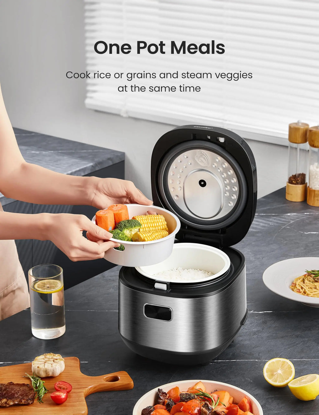 3. 9-in-1 Compact Rice Cooker with Fuzzy Logic - 8 Cup Fast Cooker for Rice, Grains & Steam, Ideal for Dorms