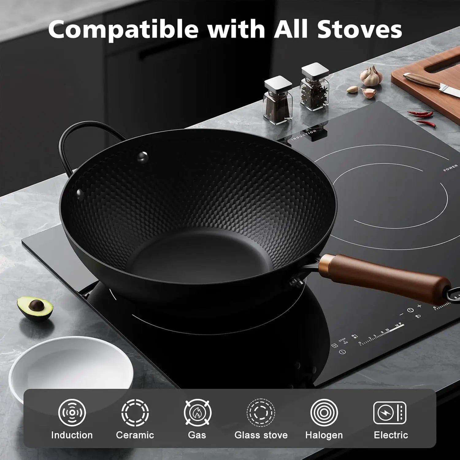 13-Inch Carbon Steel Wok Pan with Glass Lid, Nonstick for All Stoves Including Induction
