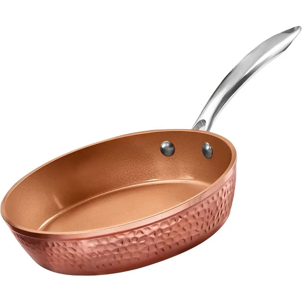 14 Inch Hammered Copper Non-Stick Frying Pan with Lid, Ceramic Coating, Induction Compatible, Oven and Dishwasher Safe, 100% PTF