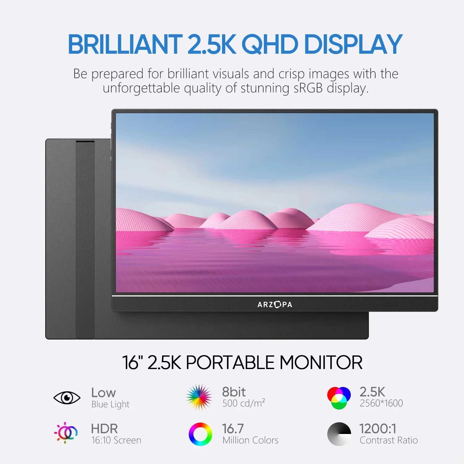 16" 2.5K QHD Portable Monitor 16:10 IPS Screen with type-c mini hdmi Second Display for MAC/Laptop/PC/Xbox/PS/Switch,Z1RC