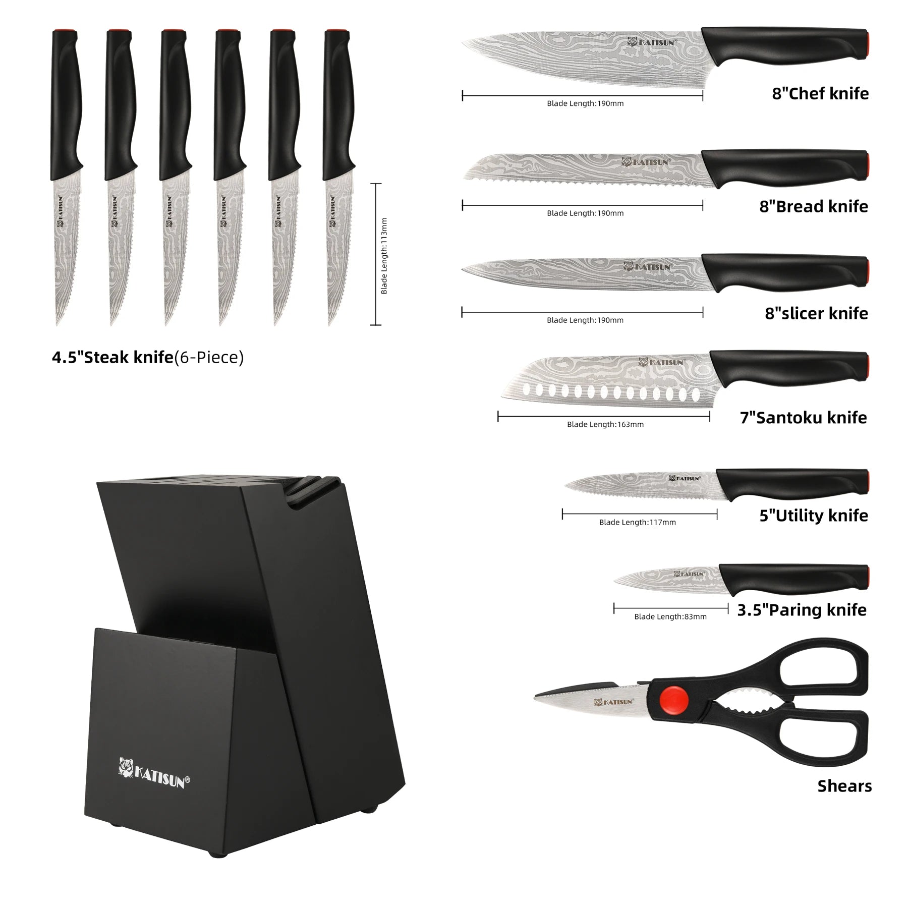 15 Pieces Damascus Pattern Kitchen Knife Block Set, Ergonomic Black Anti-Slip Handle with Red Trim, Includes Sharpener