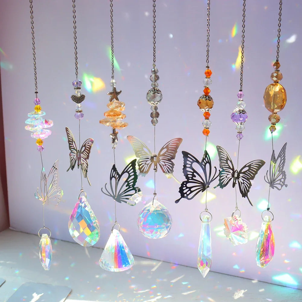 Crystal Wind Chime Star Moon Sun Catchers Windchimes Plated Colorful Beads Hanging Drop.