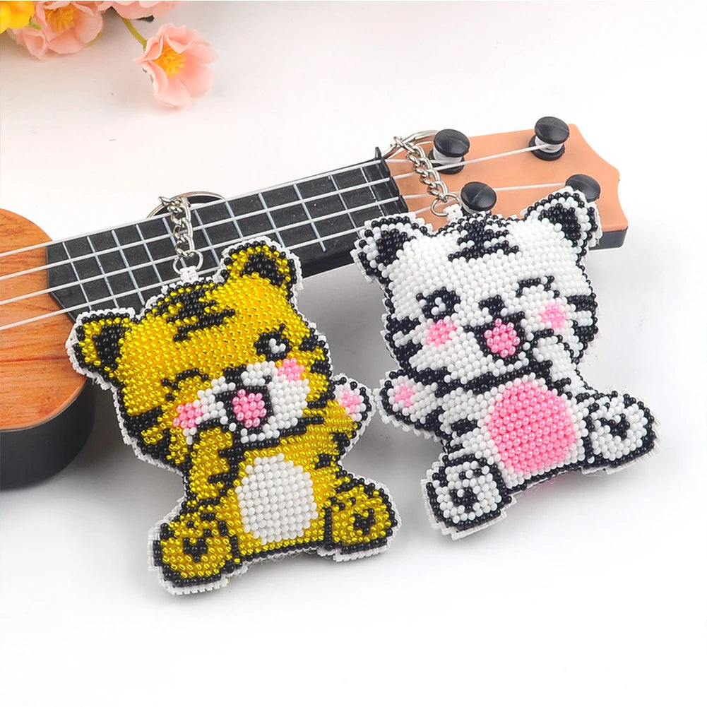 2/5Pcs Animal DIY Beaded Cross Stitch Ornament Kit Printed Bead Embroidery Needlework Key Ring Kit Gift for Friends
