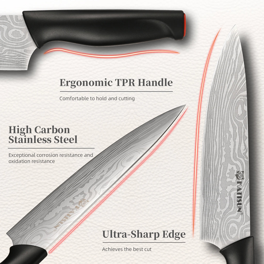 15 Pieces Damascus Pattern Kitchen Knife Block Set, Ergonomic Black Anti-Slip Handle with Red Trim, Includes Sharpener