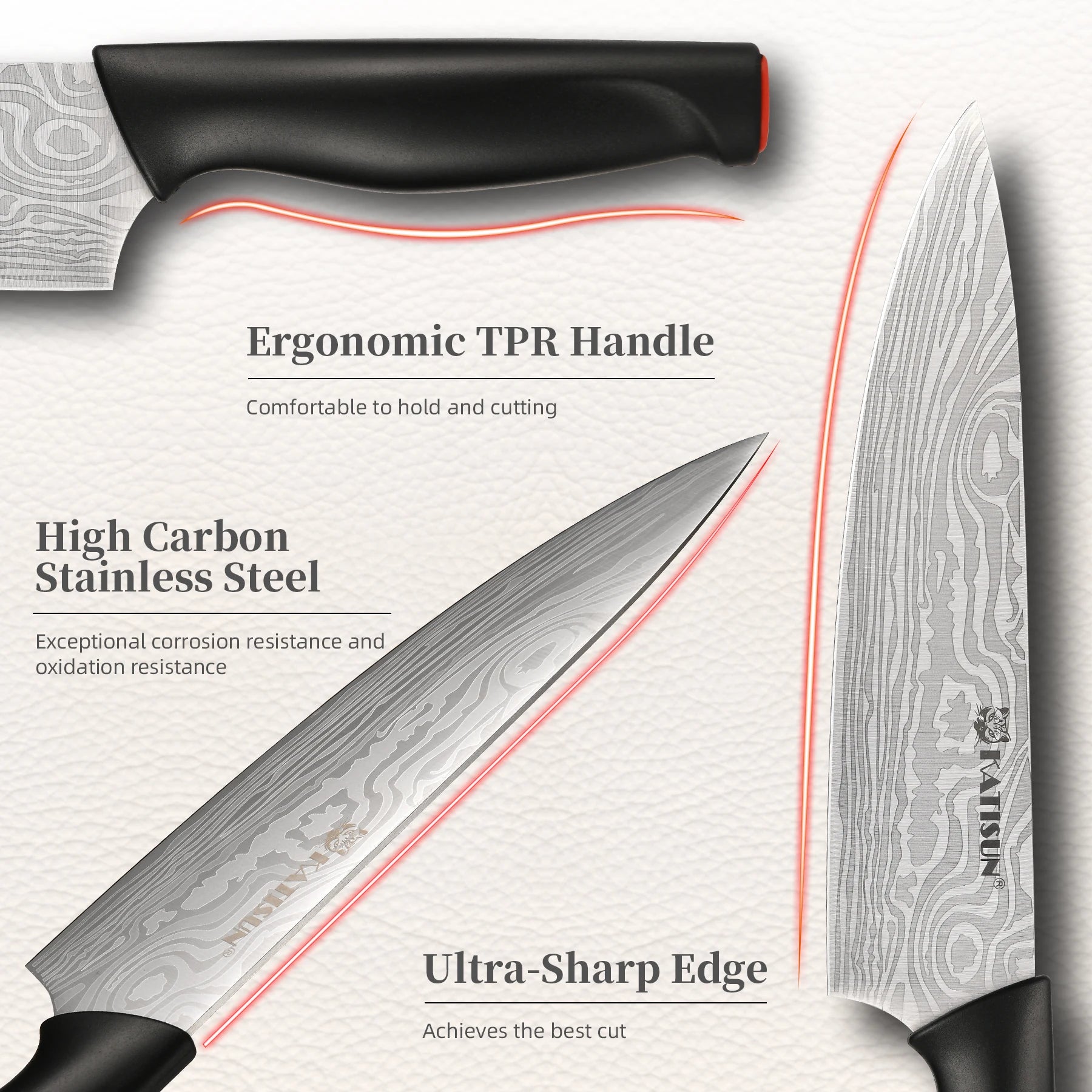 15 Pieces Damascus Pattern Kitchen Knife Block Set, Ergonomic Black Anti-Slip Handle with Red Trim, Includes Sharpener