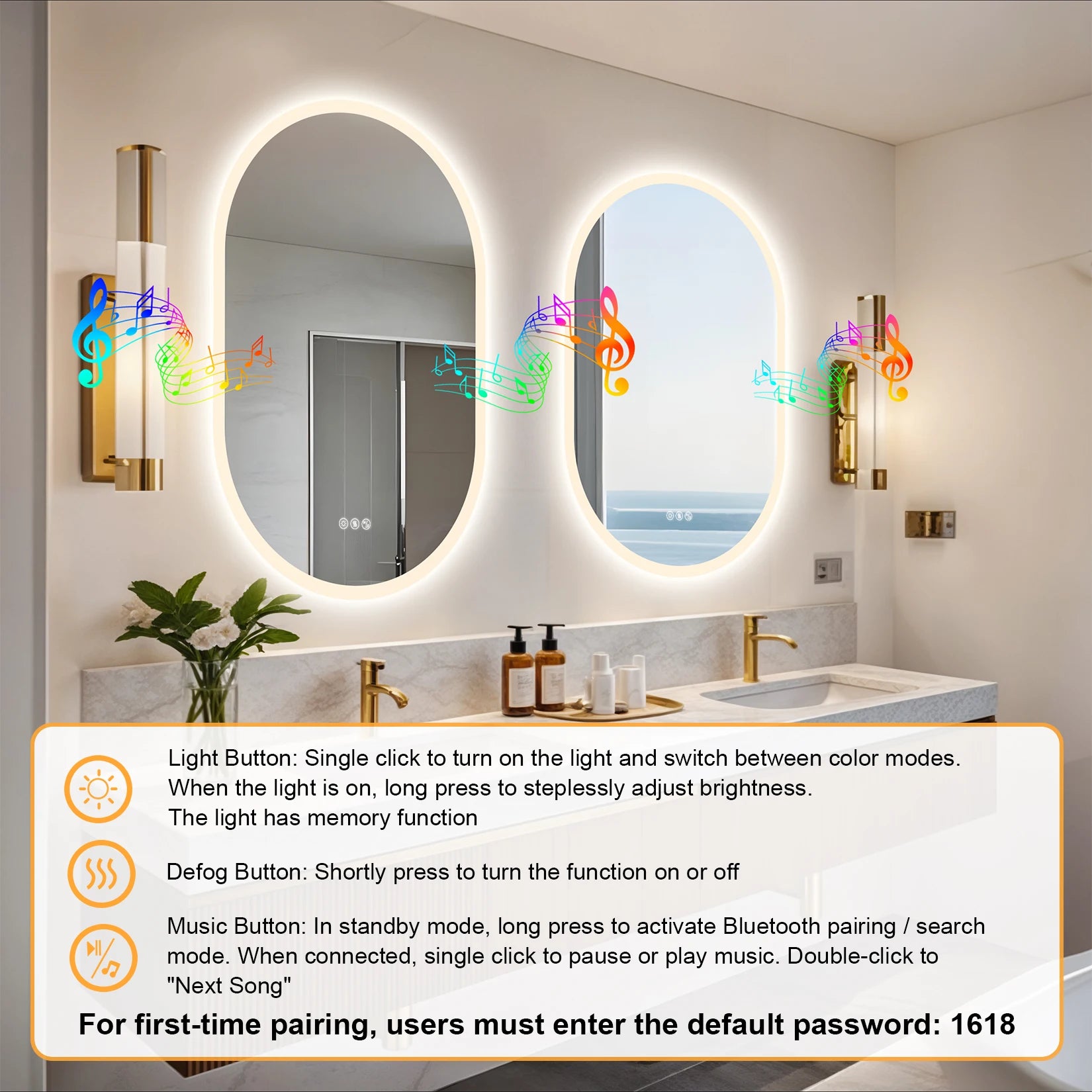24x35 Oval LED Bathroom Mirror with Lights, Anti-Fog, Bluetooth Speaker, 3 Colors Temperature & Dimmable, Lighted Mirrors