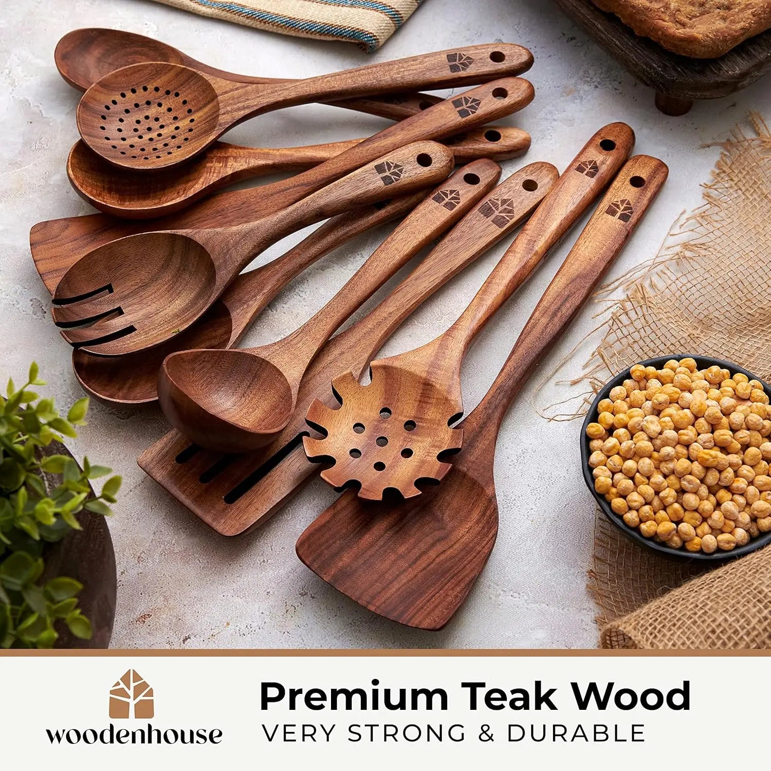 10-Piece Teak Wood Cooking Utensil Set, Durable, Nonstick Safe & Heat Resistant with Ergonomic Handles