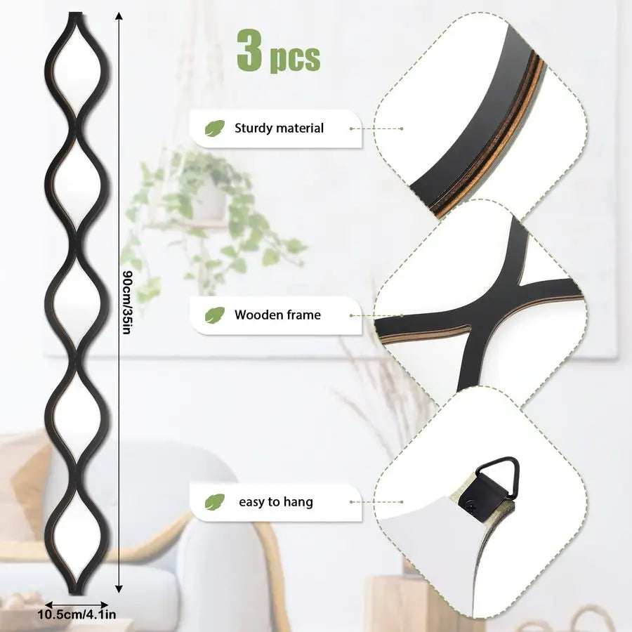 Home Mirror, 3 Pcs Acrylic Teardrop Wall Decor, Boho Vintage Mirror for Living Room, Bathroom, Bedroom, 4 x 35.43 inches, Black