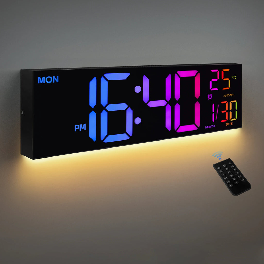 16" Large Digital Wall Clock, with Remote, 8 RGB Color, Alarm, DST, Temperature.