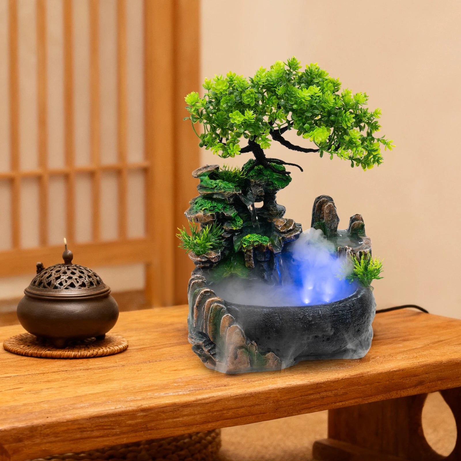 Tabletop Fountain Indoor Water Fountain with Mist Maker Rockery Decor for Living Room Office Desk Zen Decor