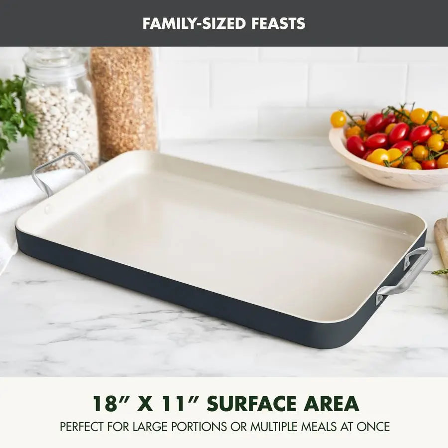 18 x 11 Double Burner Griddle Pan, Hard Anodized Healthy Ceramic Nonstick PFASFree, Stainless Steel Handles, Stovetop Cooking, D