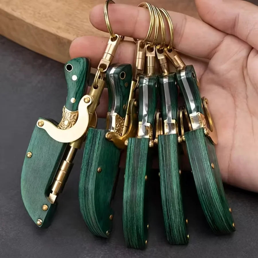 Mini Folding Knife Keychain Portable Pocket Knife Green Wood Handle Brass Decor