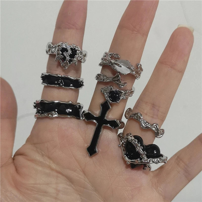 Punk Harajuku Goth Thorns Black Silver Color Irregular Heart Cross Open Ring.