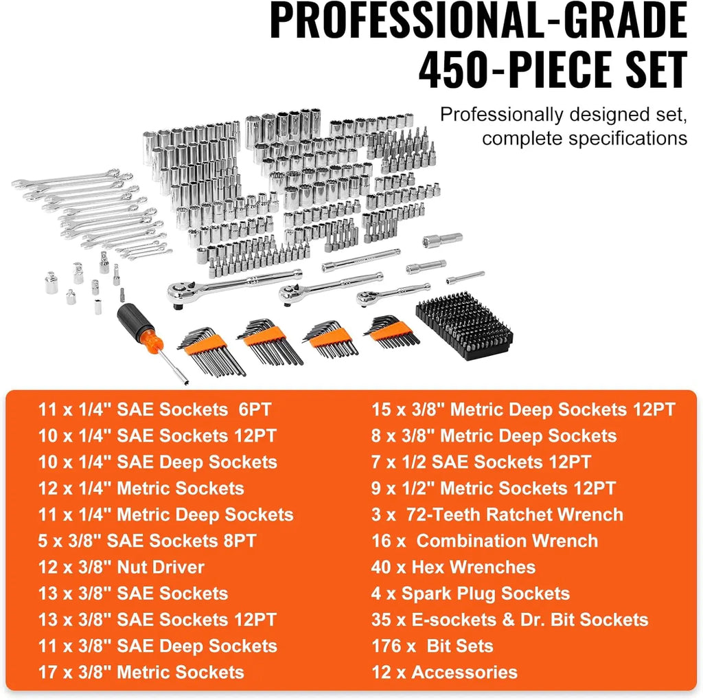 450-Piece Professional Mechanics Tool Set with Sockets, Wrenches, Bits & Storage Case