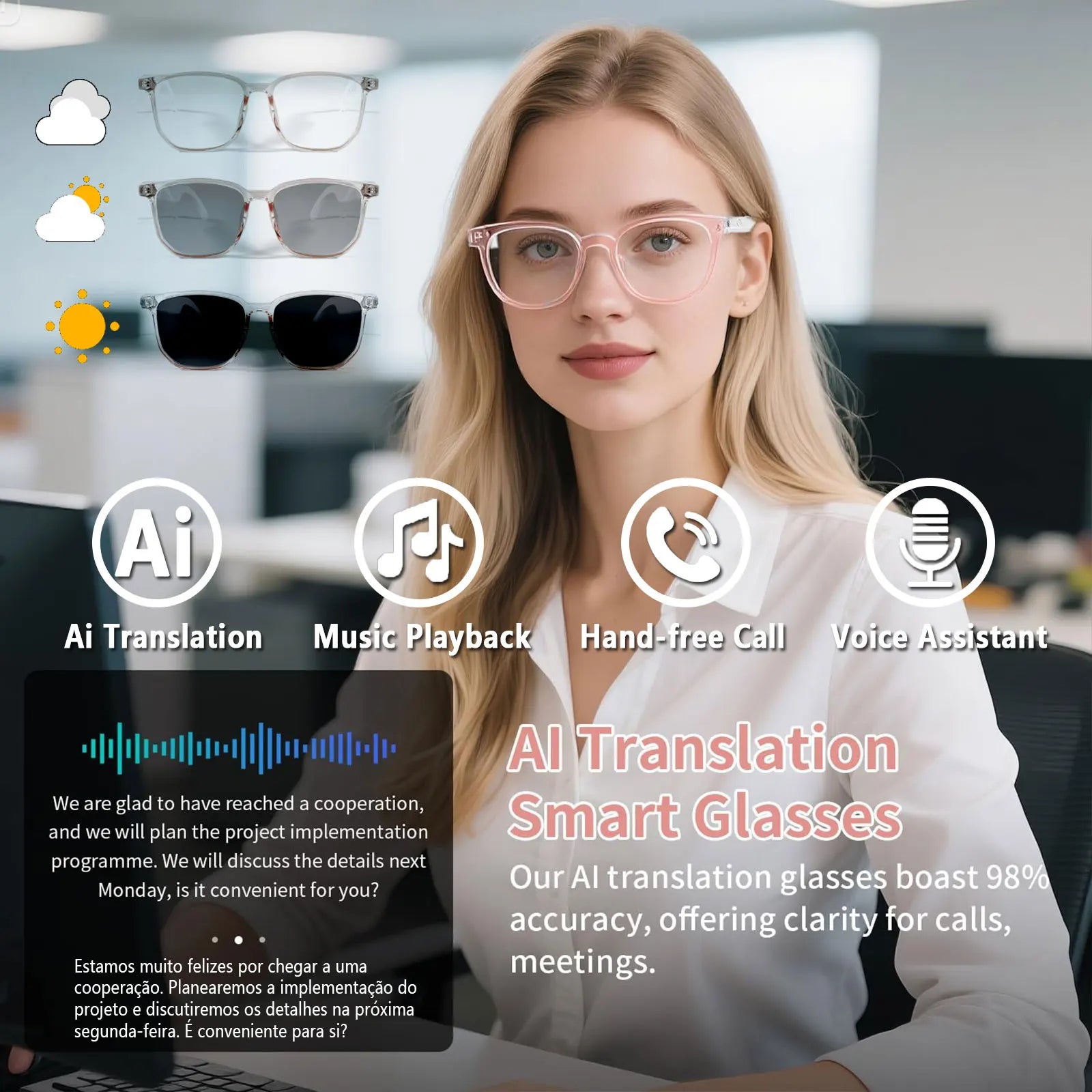 Smart AI translation audio glasses.