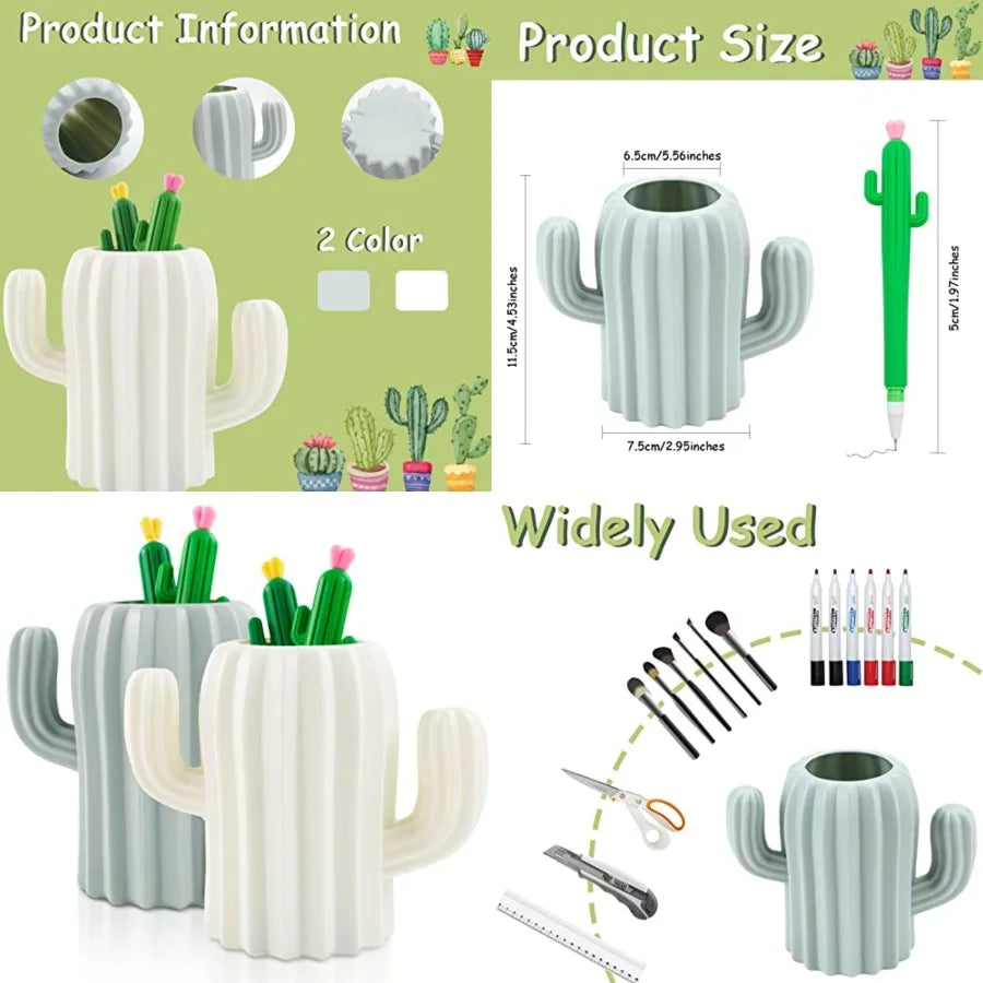 2 PCS Cactus Pen Holder with 4 PCS Cactus Gel Pen Set - Multifunctional Cosmetic and Stationery Storage Organizer for Desk Make