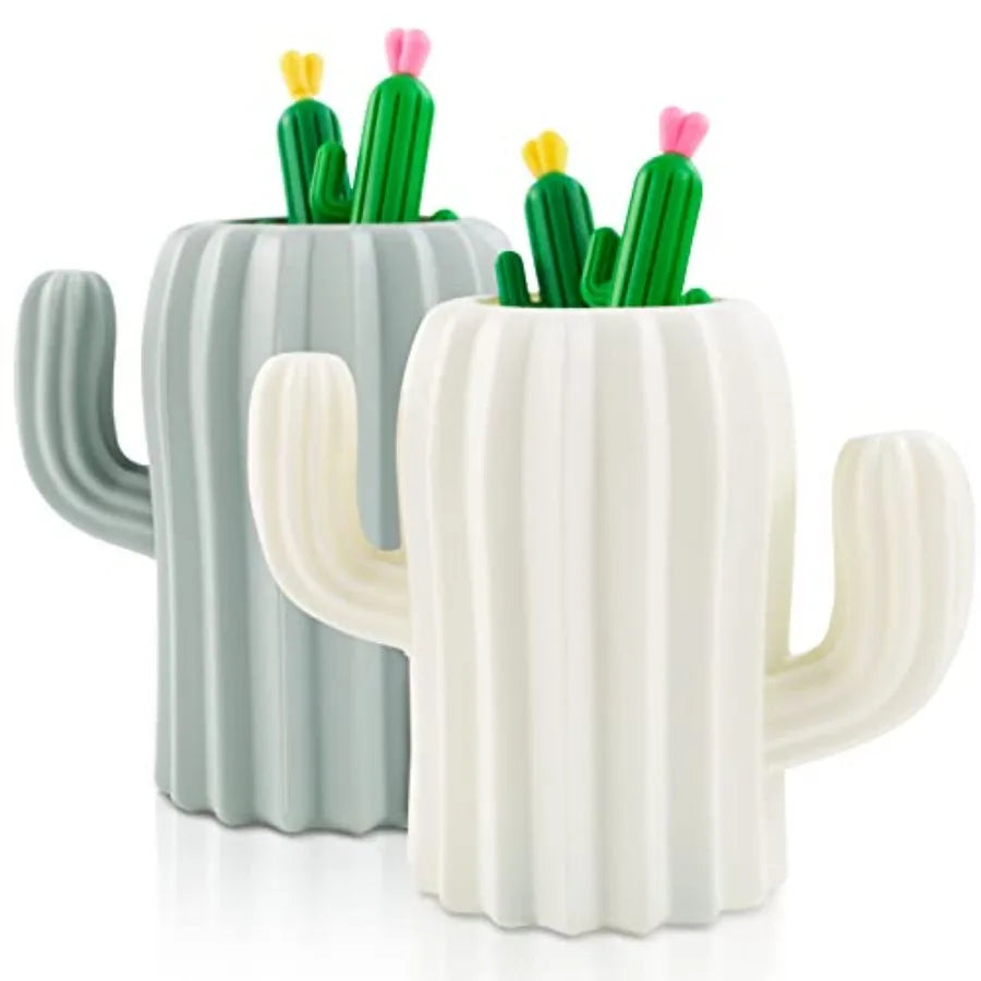 2 PCS Cactus Pen Holder with 4 PCS Cactus Gel Pen Set - Multifunctional Cosmetic and Stationery Storage Organizer for Desk Make