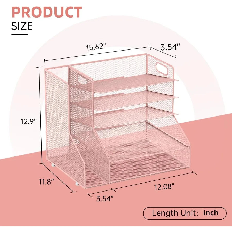 Pink 5-Tier Mesh Paper Letter Tray with Magazine Holder and Desktop Organizer for Office Supplies Storage Ideal Desk Accessory
