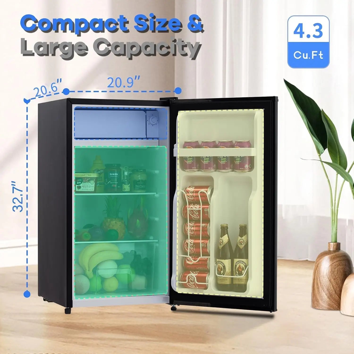 4.3 Cu.Ft Mini Fridge With Freezer, Single Door Refrigerator.